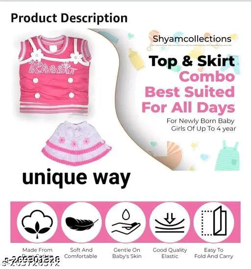 The image displays a promotional banner for a stylish baby clothe set, which includes a top and skirt. The text on the banner highlights that the outfit is made of cotton fabric and is designed for regular use by kids. It also notes that the set is available for purchase and offers free shipping for orders placed within four days. The banner promotes the product as unique and suitable for daily wear, suggesting it's a top choice for customers looking for newborn baby clothes