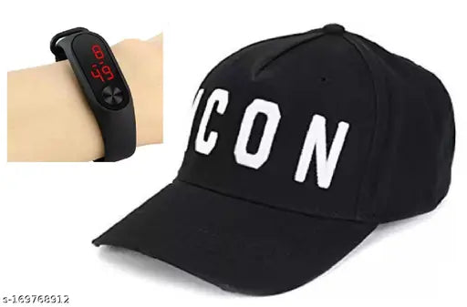 Adjustable black cotton baseball cap with black LED band for men and boys, sporty smarty self-design icon cap
