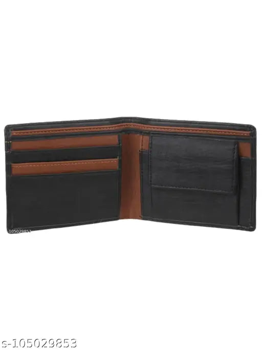 Black PU leather men's wallet with tri line thread design, featuring 2 compartments - ideal for card and coin storage