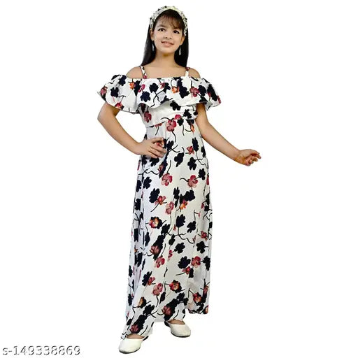 Woman in a long, off-shoulder dress with a floral print, featuring full-length coverage and an A-line cut