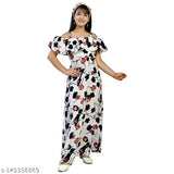 Woman in a long, off-shoulder dress with a floral print, featuring full-length coverage and an A-line cut