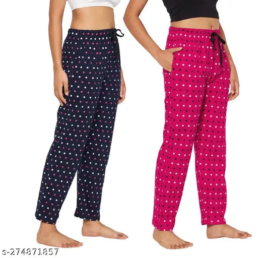 Pink and black polka dot cotton lounge pants, set of two