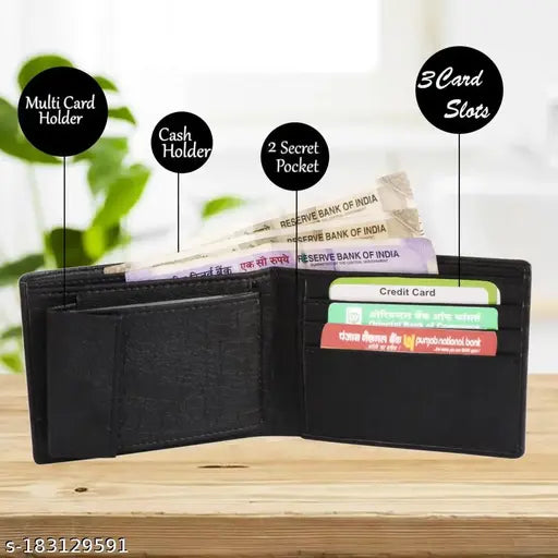 Black faux leather men's wallet, regular size with 10 card slots and 2 compartments
