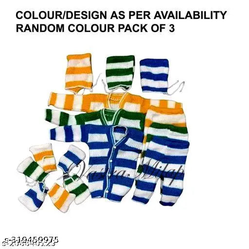 Striped wool winter wear set: Newborn baby boy & girl sweater pajama, cap, booties combo (3pc)