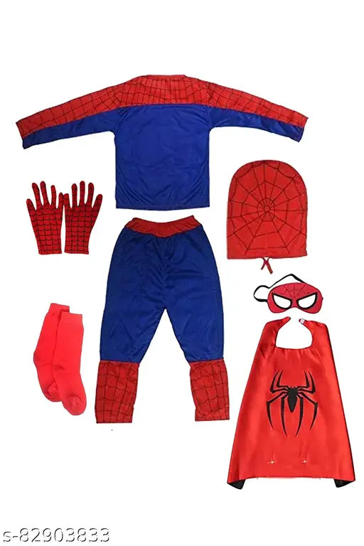 Multi-colored Spider-Man children's costume set including trousers, t-shirt, gloves, socks, mask, cape. Fits ages 2-12 years