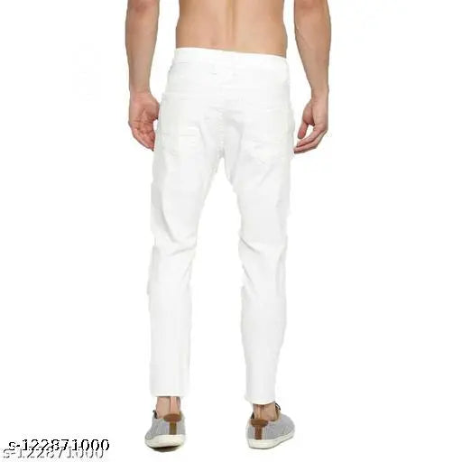 Men's white denim slim fit jeans with two front and back pockets, machine washable, mid-rise, size options: 28", 30", 32". Indian-made casual or partywear jeans