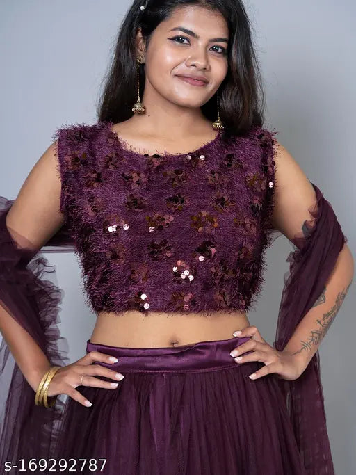 Embellished jute silk ruffle lehenga-choli set in wine color, featuring padded blouse and ruffled dupatta, Indian indo-western fashion