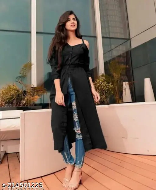 Black rayon solid shoulder cut kurti for women, sleeveless with relaxed fit and digital print in classic colors. Perfect for work or casual wear with leggings or festive outfits with flared palazzos or a skirt. Made from 100% natural fabric suitable for all weather