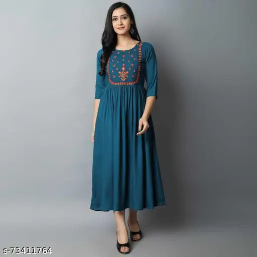 Rayon embroidered three-quarter sleeve long gown kurti, traditional Indian fashion for women and girls