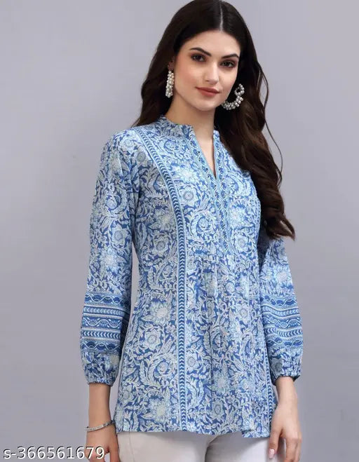 Blue & white floral printed viscose kurti with 3/4 puff sleeves and mandarin collar, size S-XXXL