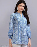 Blue & white floral printed viscose kurti with 3/4 puff sleeves and mandarin collar, size S-XXXL