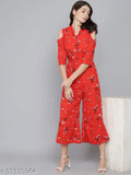 Yellow poly crepe printed net three-quarter sleeve jumpsuit by Dazzler Fashion for women