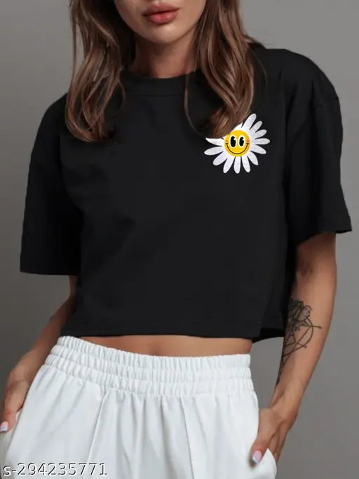 Comfy black loose fit happy flower printed half sleeve crop tee in cotton, perfect for women/girls fashion