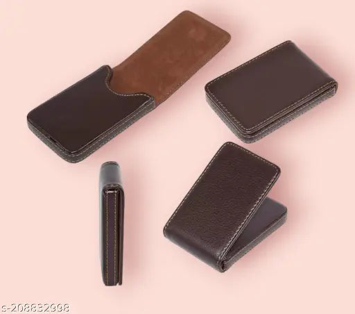 Brown PU visiting card holder, 20 card capacity set of 1 (stylish pocket-sized stitching)
