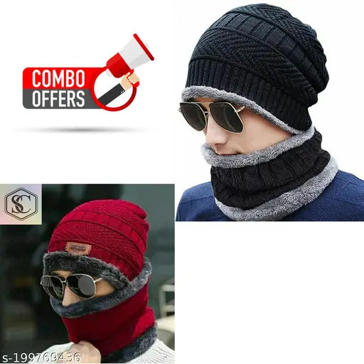 Warm wool-lined beanie set with balaclava cap (black and red), suitable for men and women during winter outdoor activities like skiing or hiking. Fur accents provide extra coziness. Hand wash only