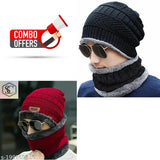 Warm wool-lined beanie set with balaclava cap (black and red), suitable for men and women during winter outdoor activities like skiing or hiking. Fur accents provide extra coziness. Hand wash only