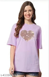 Purple cotton oversized t-shirt with sequins, loose-long baggy off-shoulder style
