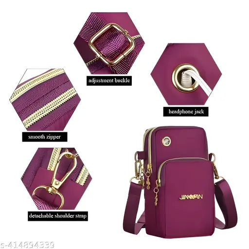 Imported Korean waterproof polyester crossbody mobile phone bag. Solid net, triple compartment design for women & girls. Perfect fit for smartphones up to 6.5 inches, ideal for various occasions