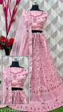 Art Silk Pink Embroidered Net Semi-Stitched Lehenga & Unstitched Blouse with Dupatta, free size, 42" waist and length, by Gopinath Handwork