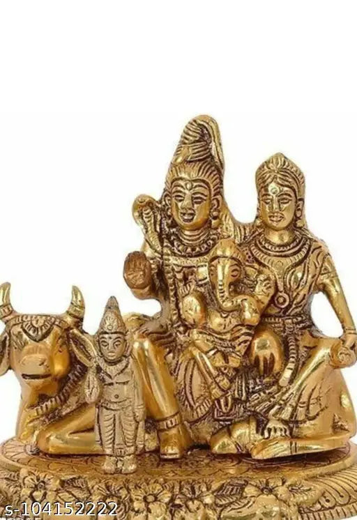 Metal Shiv Parivar with Ganesh and Kartik figurines, Indian Shivling multi-pack - 14cm (Brass, Gold)
