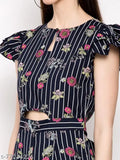 Navy Blue Crepe Poly Blend Printed Floral Keyhole Neck Jumpsuit for Women, ideal for parties, weddings, events