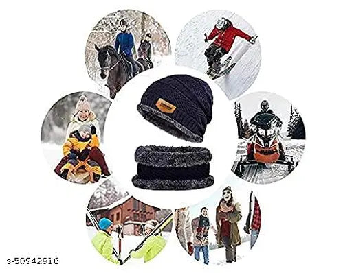 Wool winter beanie hat & scarf set, thick fleece-lined for men and women in solid pattern. Made in India." (108 characters)