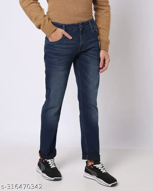 Denim blue jeans for men, stylish, comfortable, and sleek. Slim fit, mid-rise design, India origin
