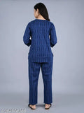 Women's cotton printed blue top & pyjama nightsuit set, three-quarter sleeves, soft & comfy, India-made