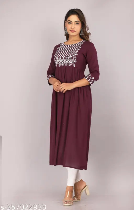 Rayon embroidered anarkali kurta for women, three-quarter sleeves, vibrant Indian fashion. S (Bust 36in, Length 46in), M (Bust 38in, Length 46in), L (Bust 40in, Length 46in), XL (Bust 42in, Length 46in), XXL (Bust 44in, Length 46in)