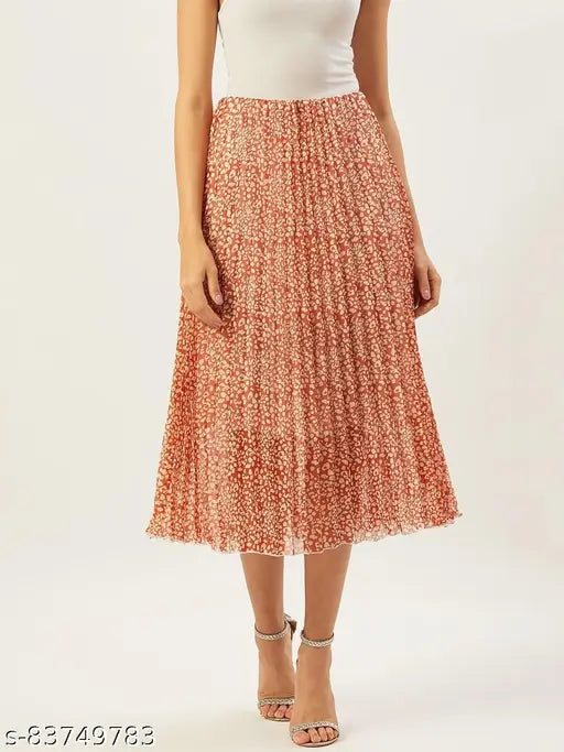 Women's animal print flared chiffon skirt, orange and white, printed net pattern (Size: 28in/30in, 30in/30in, 32in/30in, 34in/31in, 36in/31in, 38in/31in)