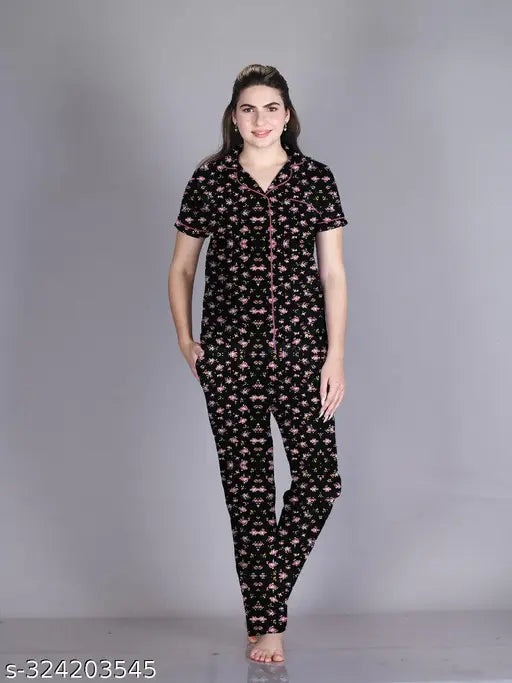 Printed cotton night suit shirt and pyjama set, ultra-soft fabric, elastic waistband with drawstring, side pocket, color lock technology, perfect fit design, India origin