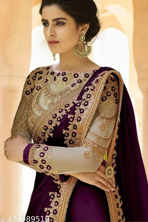 Vichitra Silk Chitrarekha Petite Saree, single piece with embroidered blouse and net sleeves, Indian party wear