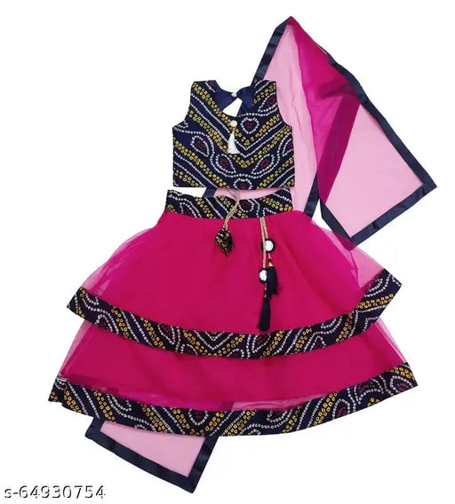 Elegant satin-bandhani print lehenga choli set for kids, featuring net dupatta and sleeveless choli. Perfect for special occasions and festive seasons. Indian origin
