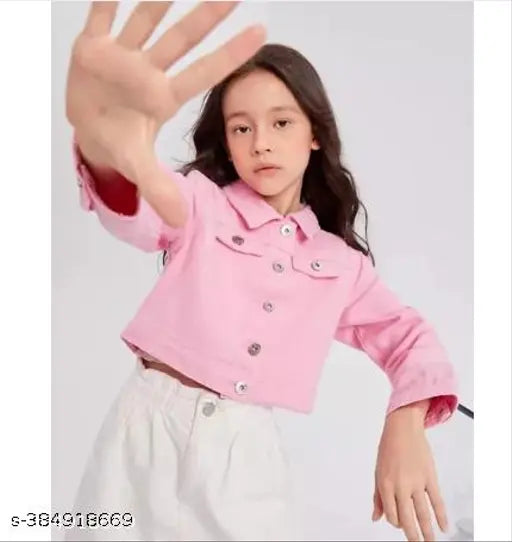 Pink cotton long sleeve stretchable jacket for kids, crew neck