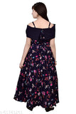 Blue poly silk ethnic gown for girls, printed net style, sleeveless design. Beautiful dress from Ajiza Garments, suitable for ages 4-12 years old. Made in India