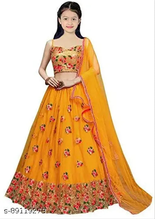 Yellow embroidered net lehenga choli, FULPARI brand, traditional Indian women's clothing for ages 9-14 or free size