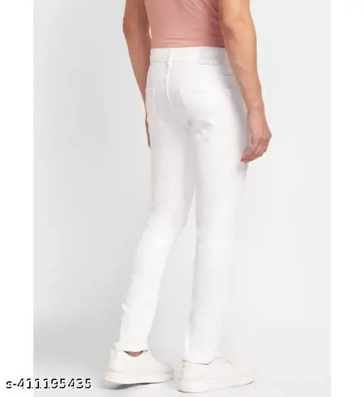 A person modeling white stretch denim jeans