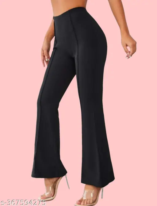Black polyester blend bell-bottom trousers (38 inches), high waist elastic band - casual, formal, office, or party wear