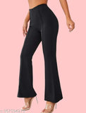 Black polyester blend bell-bottom trousers (38 inches), high waist elastic band - casual, formal, office, or party wear