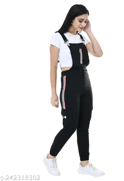 Black cotton blend sleeveless dungaree for women, casual and stretchable, size S-XL, made in India