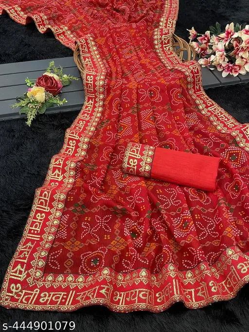 Red chiffon saree with printed design, traditional Durga Puja attire from India