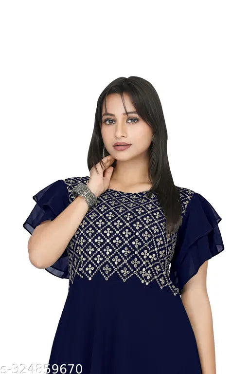 Women's Navi blue geometric embellished gown with short sleeves, V-neck, and flared skirt