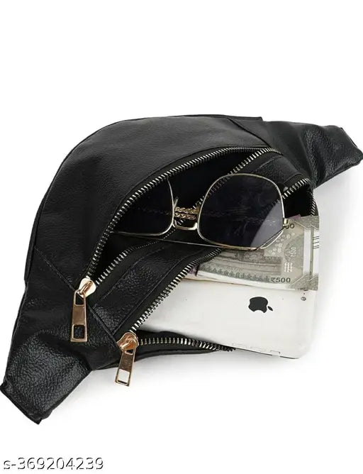 Black zippered shoulder bag pouch bagwaist, with sunglasses and wallet
