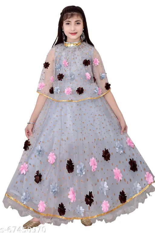 Gray, floral appliqué maxi dress for Barbie