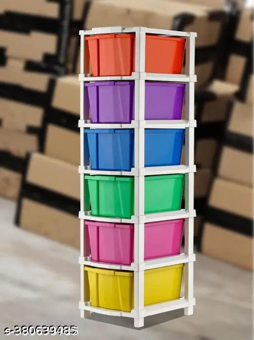 Colorful storage drawers, modular system, clear bins with dividers