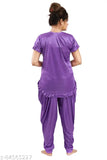 Purple satin dhoti top night suit with short sleeves and lace pattern, free size from India