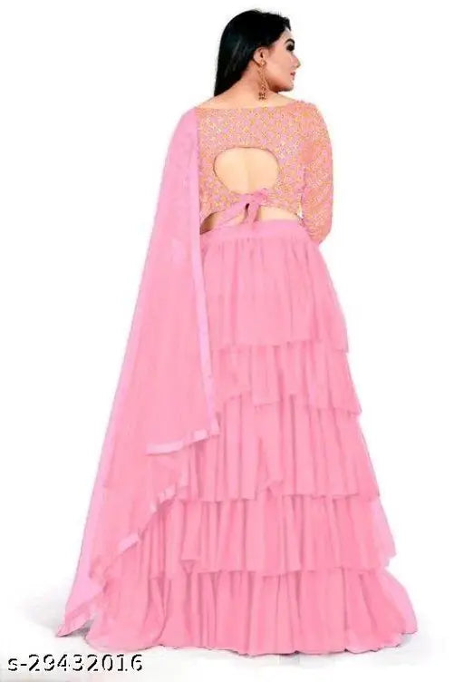 Embroidered net lehenga choli set with ruffle dupatta, free size (waist 45in, length 43in), trending Indian women's fashion