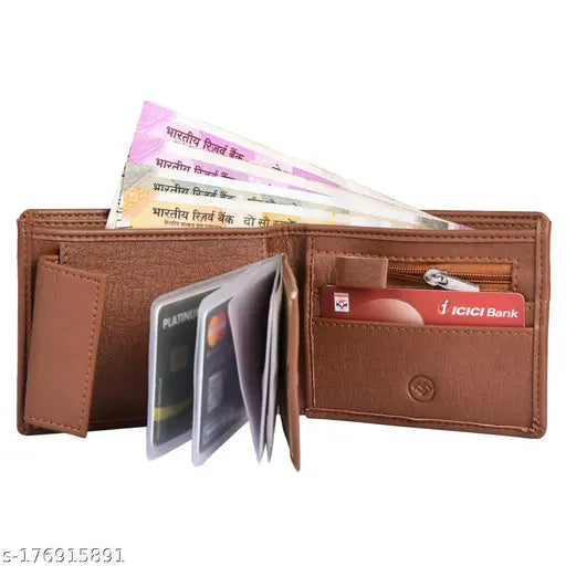 Black artificial leather mini wallet for men, 9 card slots, solid pattern