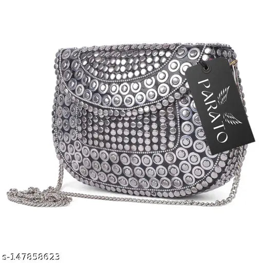 Silver beaded clutch bag with chain shoulder strap, party accessory