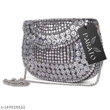 Silver beaded clutch bag with chain shoulder strap, party accessory